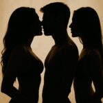 Silhouette sensuali di un uomo e due donne in posa intima su sfondo dorato.